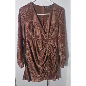 Nasty Gal Brown Ruched Mesh Mini Dress Long Sleeve V Neck Size 6. HL346